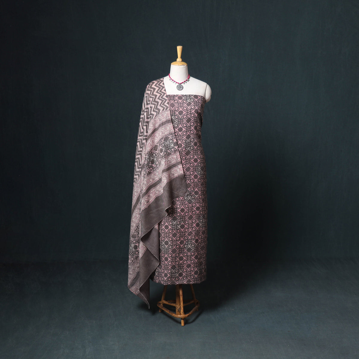 Akola Hand Block Print Woolen Unstitched Dress Material: Kurta, Bottom with Dupatta 37