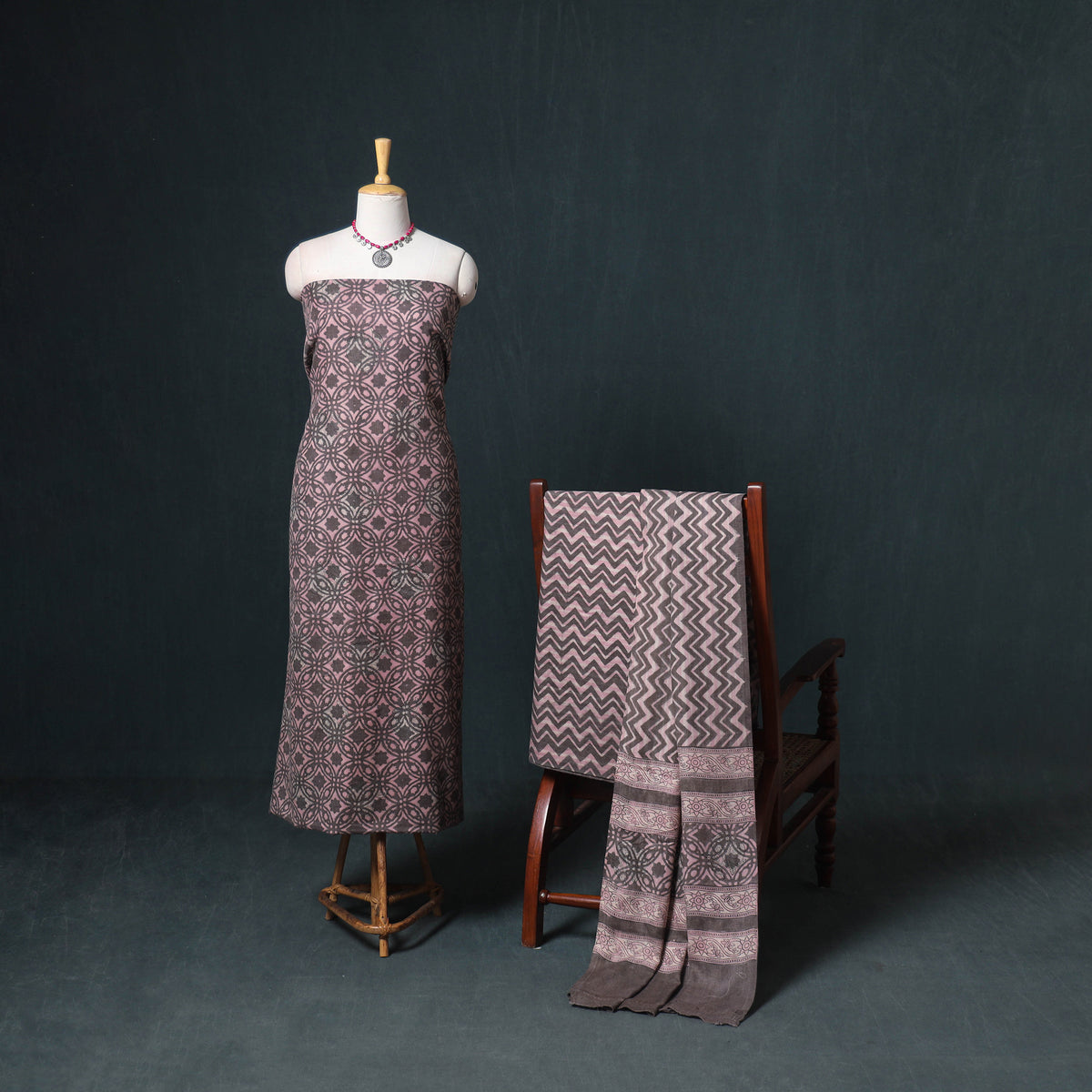 Akola Hand Block Print Woolen Unstitched Dress Material: Kurta, Bottom with Dupatta 37