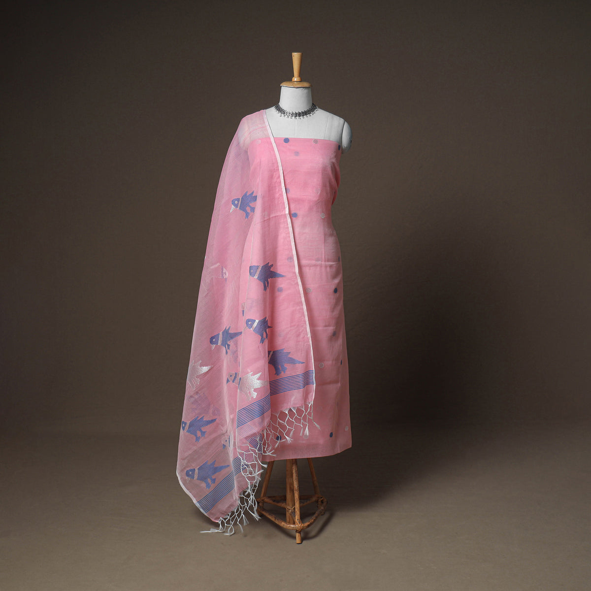 Jamdani Pure Handloom Muslin Unstitched Dress Material: Kurta with Dupatta 08