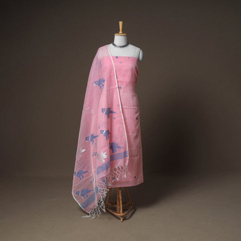Pink - Jamdani Pure Handloom Muslin Unstitched Dress Material: Kurta with Dupatta 08