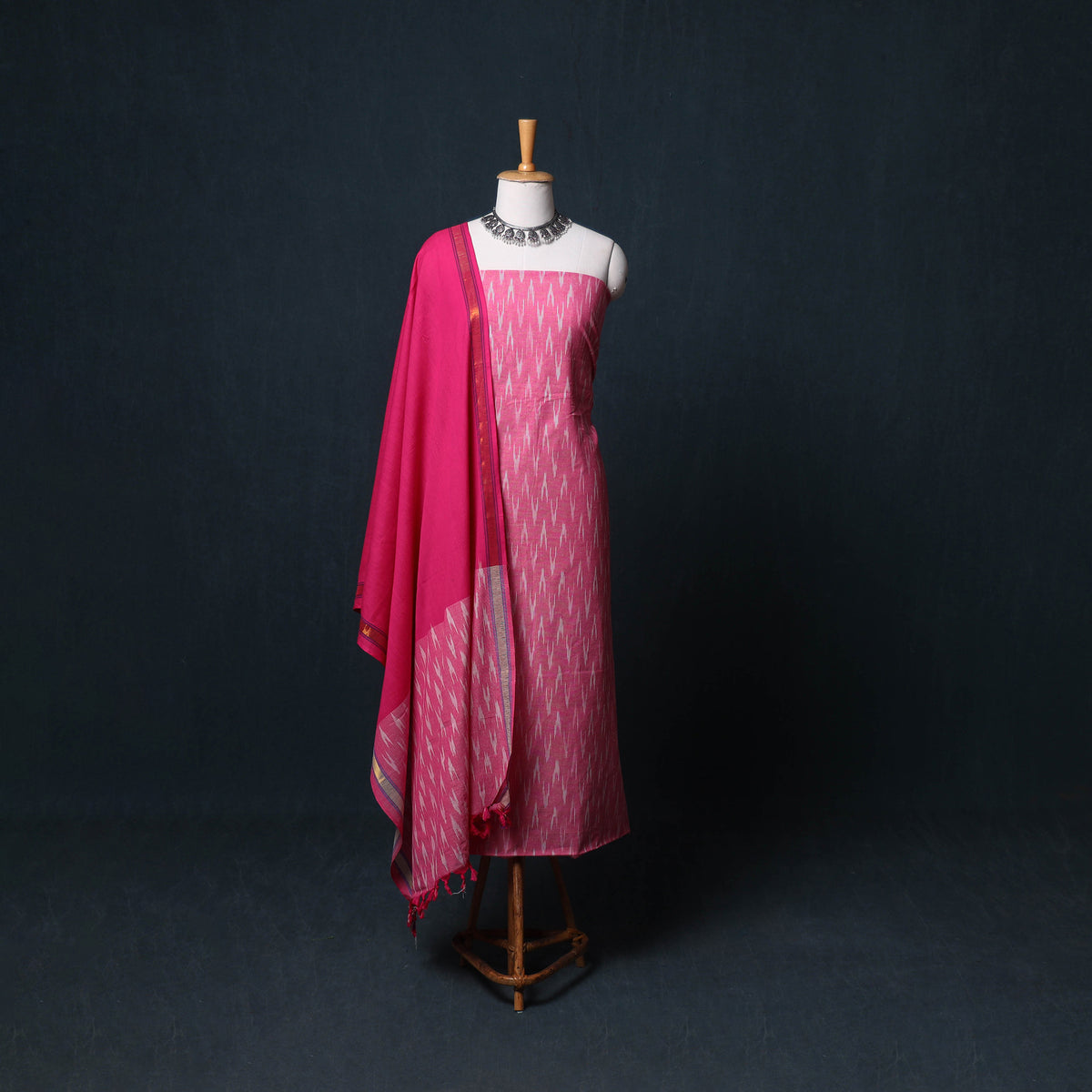 Pochampally Ikat Cotton Unstitched Dress Material: Kurta, Bottom with Dupatta  20