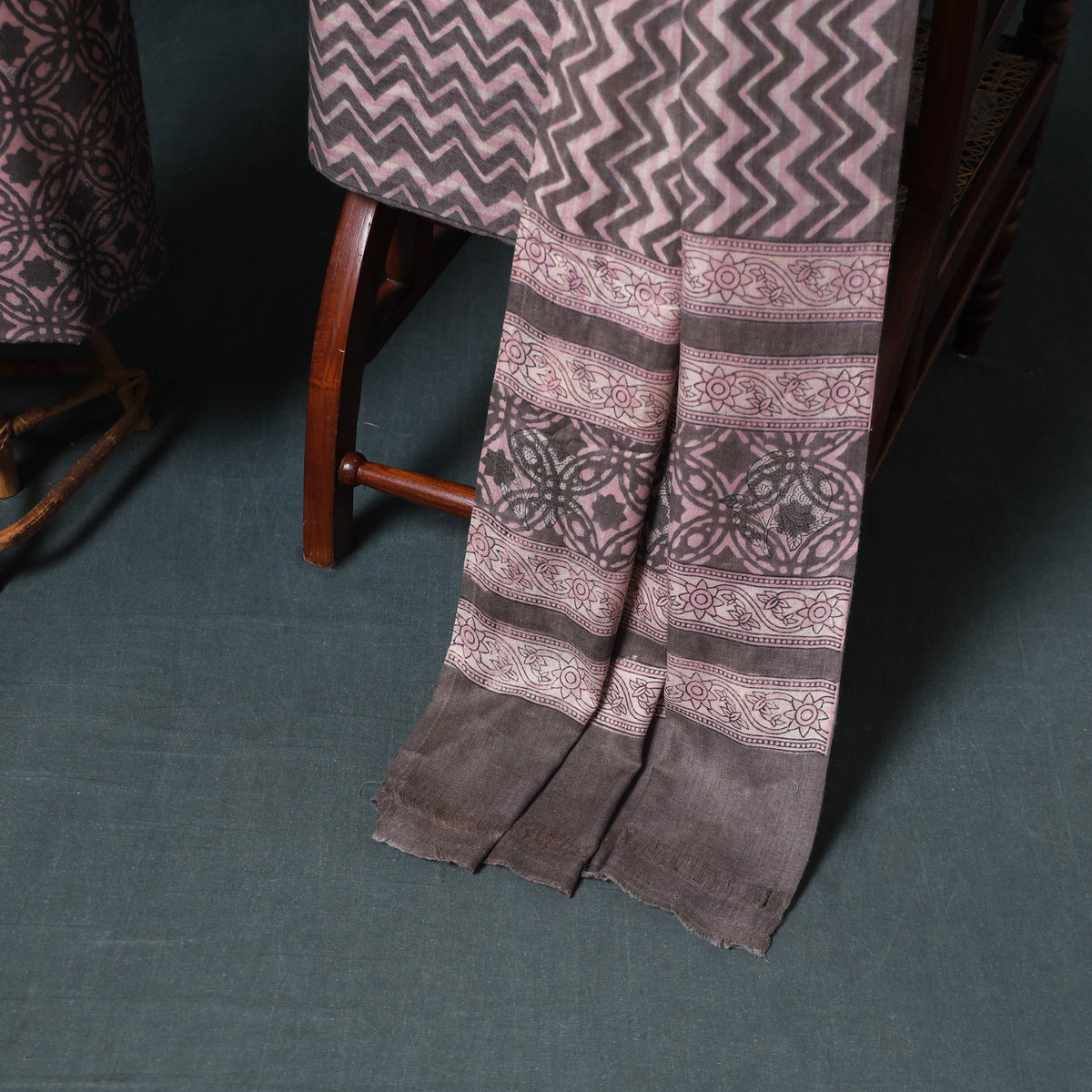 Akola Hand Block Print Woolen Unstitched Dress Material: Kurta, Bottom with Dupatta 37