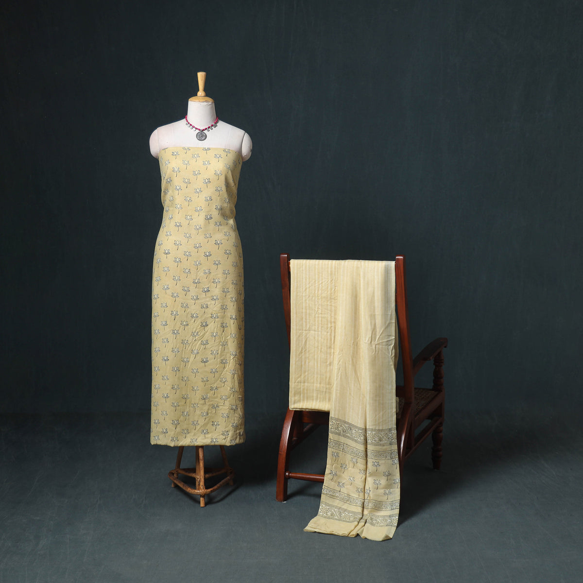 Akola Hand Block Print Woolen Unstitched Dress Material: Kurta, Bottom with Dupatta 38
