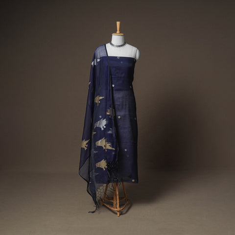 Blue - Jamdani Pure Handloom Muslin Unstitched Dress Material: Kurta with Dupatta 09