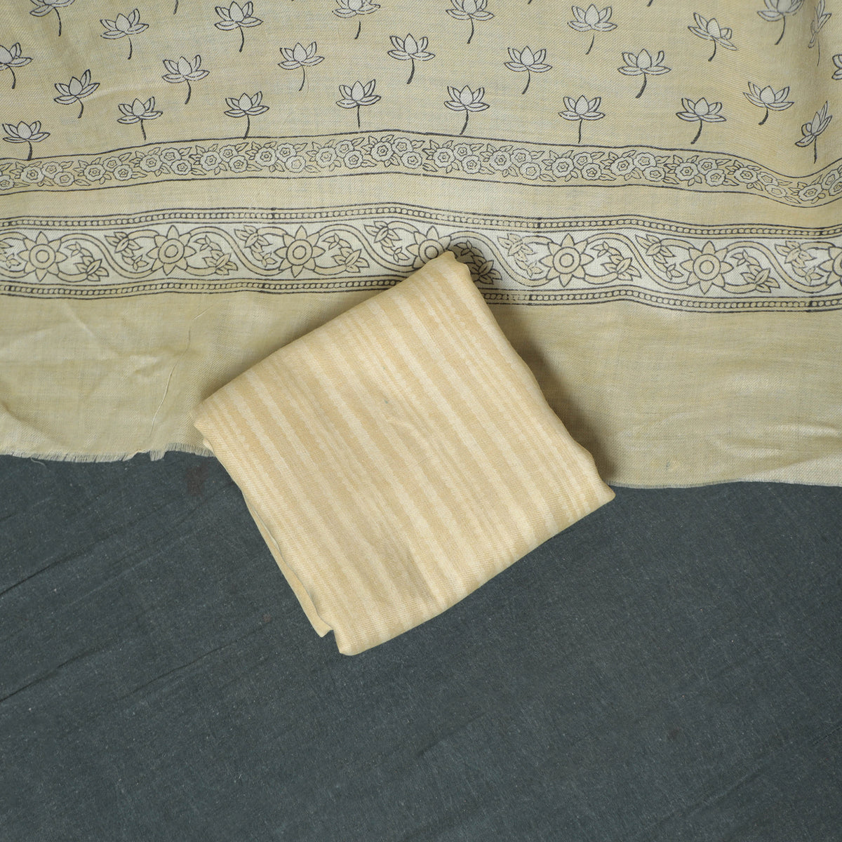 Akola Hand Block Print Woolen Unstitched Dress Material: Kurta, Bottom with Dupatta 38