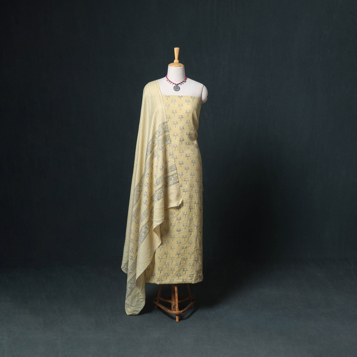 Akola Hand Block Print Woolen Unstitched Dress Material: Kurta, Bottom with Dupatta 38