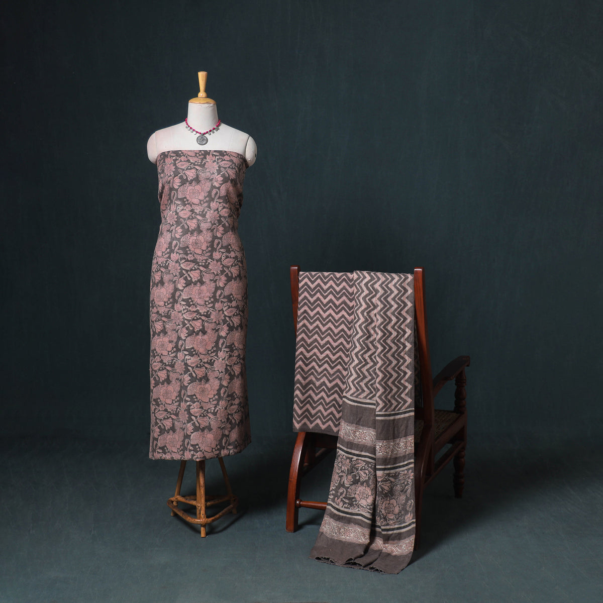 Akola Hand Block Print Woolen Unstitched Dress Material: Kurta, Bottom with Dupatta 40