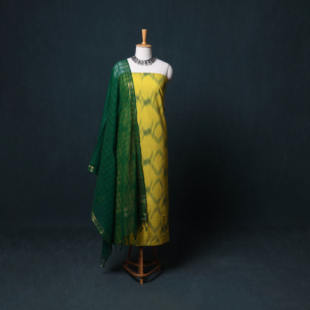 Pochampally Ikat Cotton Unstitched Dress Material: Kurta, Bottom with Dupatta  22