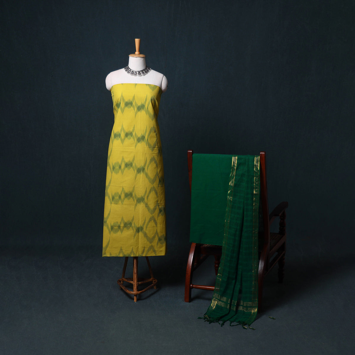 Pochampally Ikat Cotton Unstitched Dress Material: Kurta, Bottom with Dupatta  22