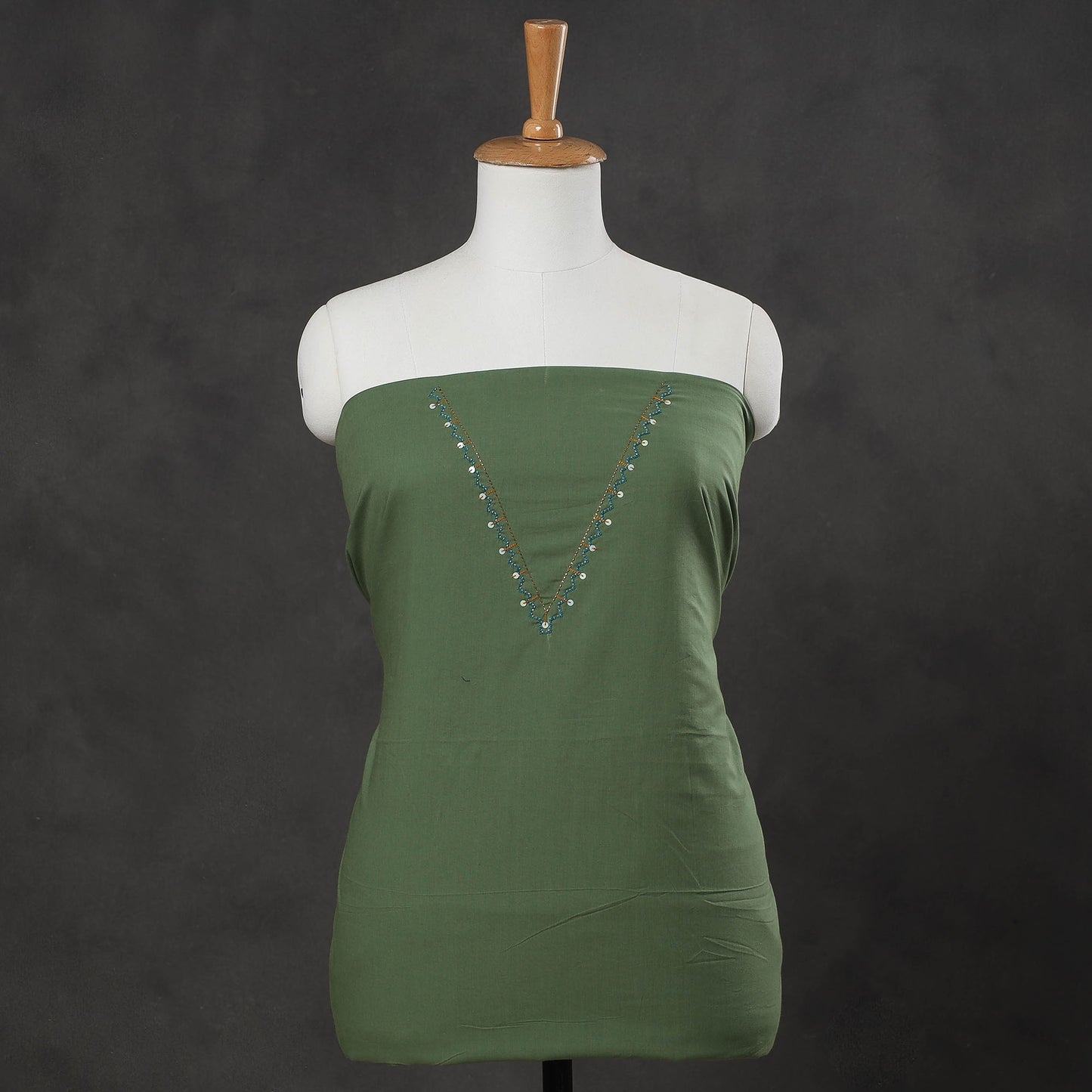 Green - Hand Embroidery Plain Cotton Kurti Material - 3 Meter