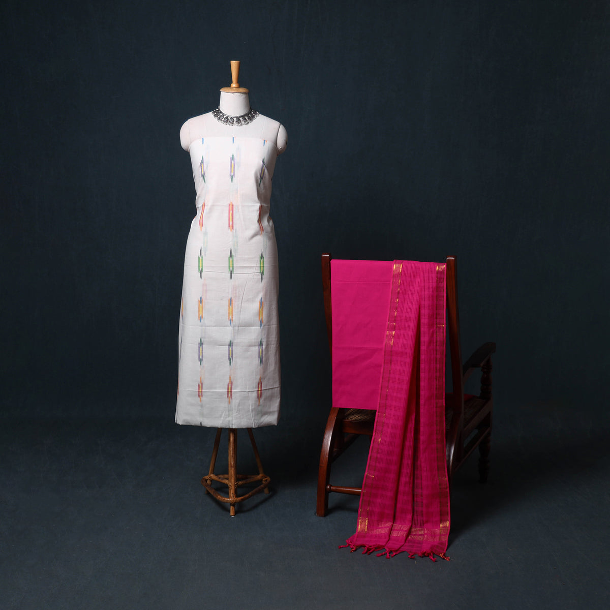 Pochampally Ikat Cotton Unstitched Dress Material: Kurta, Bottom with Dupatta  23
