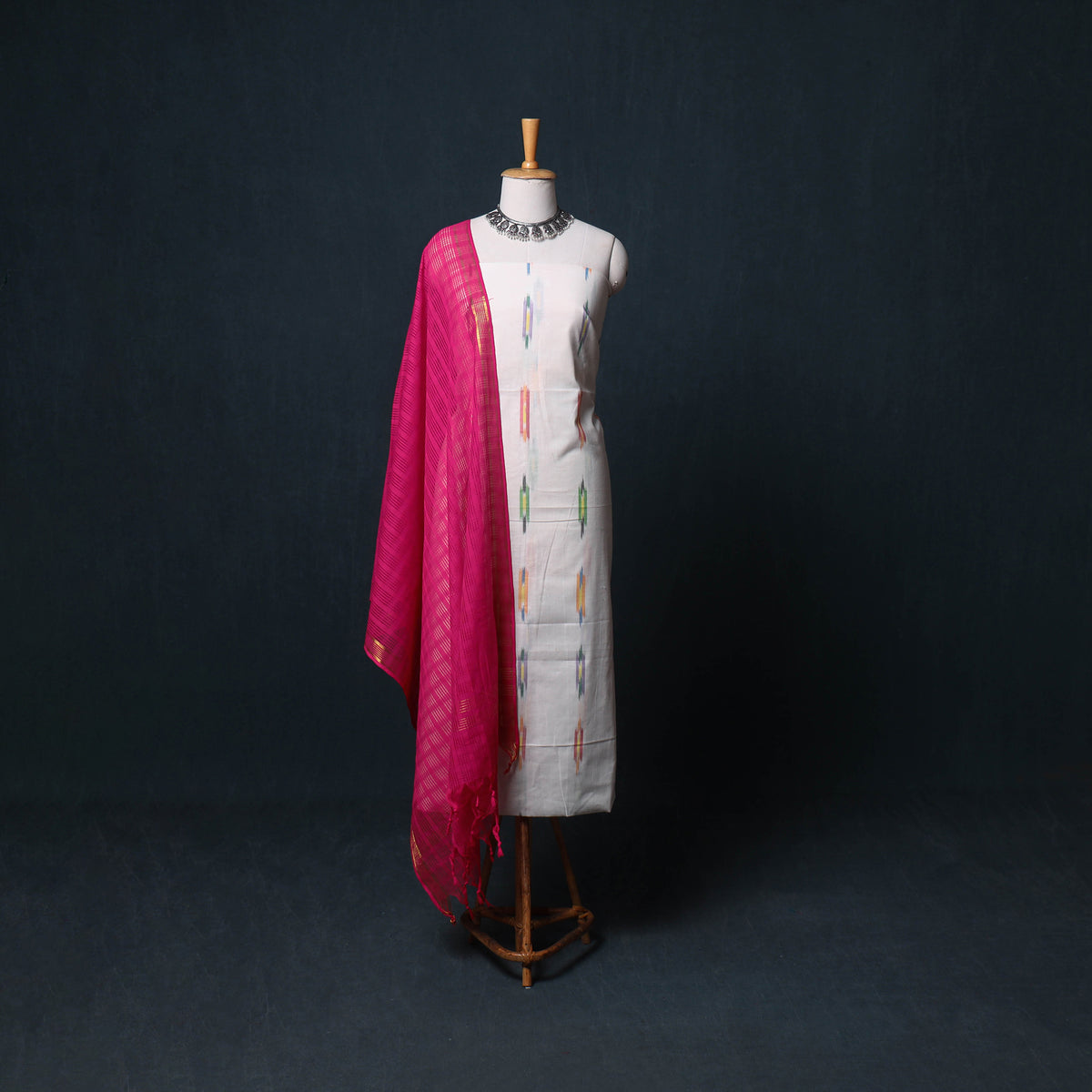 Pochampally Ikat Cotton Unstitched Dress Material: Kurta, Bottom with Dupatta  23