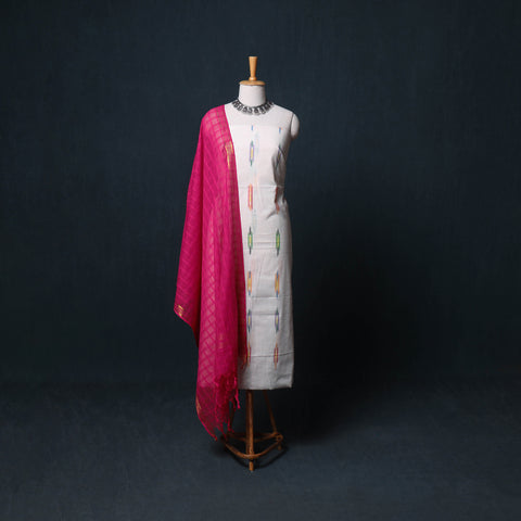 Pochampally Ikat Cotton Unstitched Dress Material: Kurta, Bottom with Dupatta  23