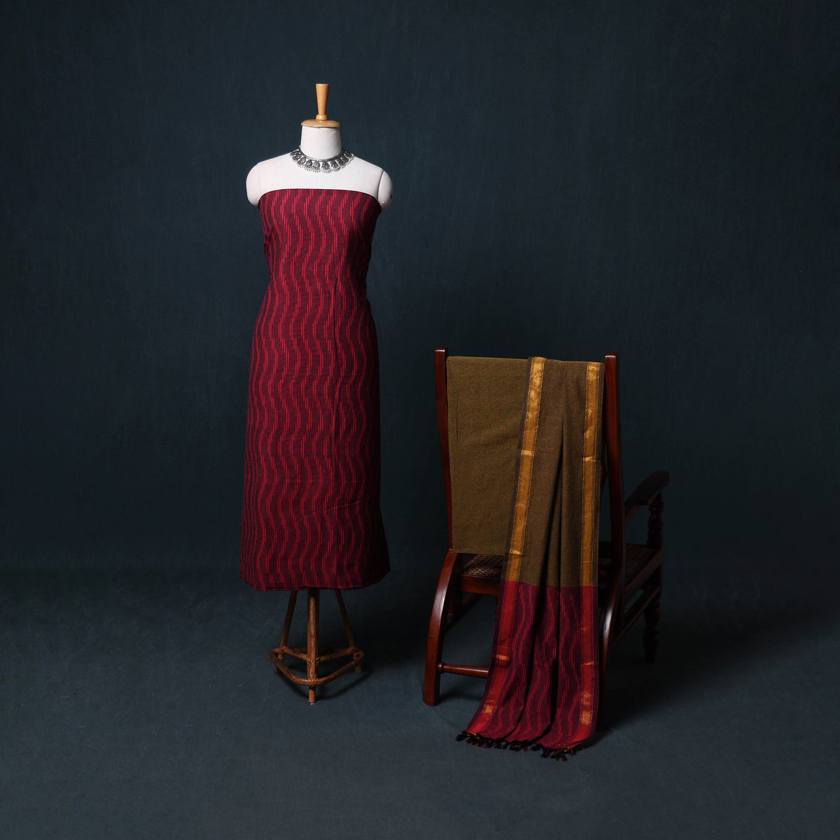 Pochampally Ikat Cotton Unstitched Dress Material: Kurta, Bottom with Dupatta  24