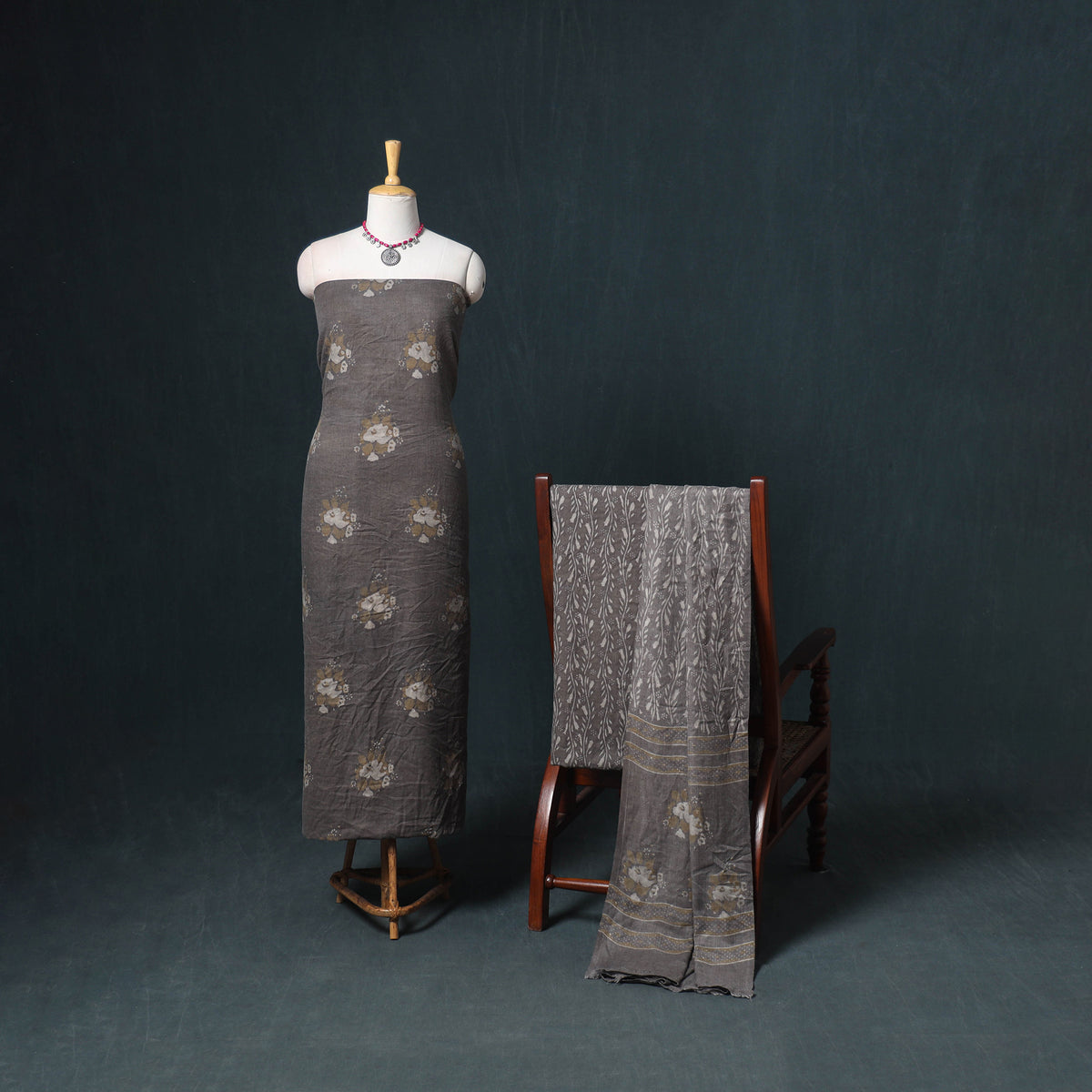 Akola Hand Block Print Woolen Unstitched Dress Material: Kurta, Bottom with Dupatta 42