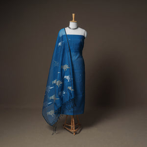 Blue - Jamdani Pure Handloom Muslin Unstitched Dress Material: Kurta with Dupatta 14