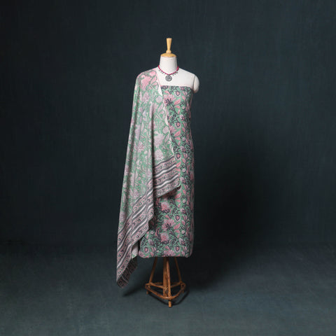 Floral Hand Block Sanganeri Print Woolen Unstitched Dress Material: Kurta, Bottom with Dupatta 48