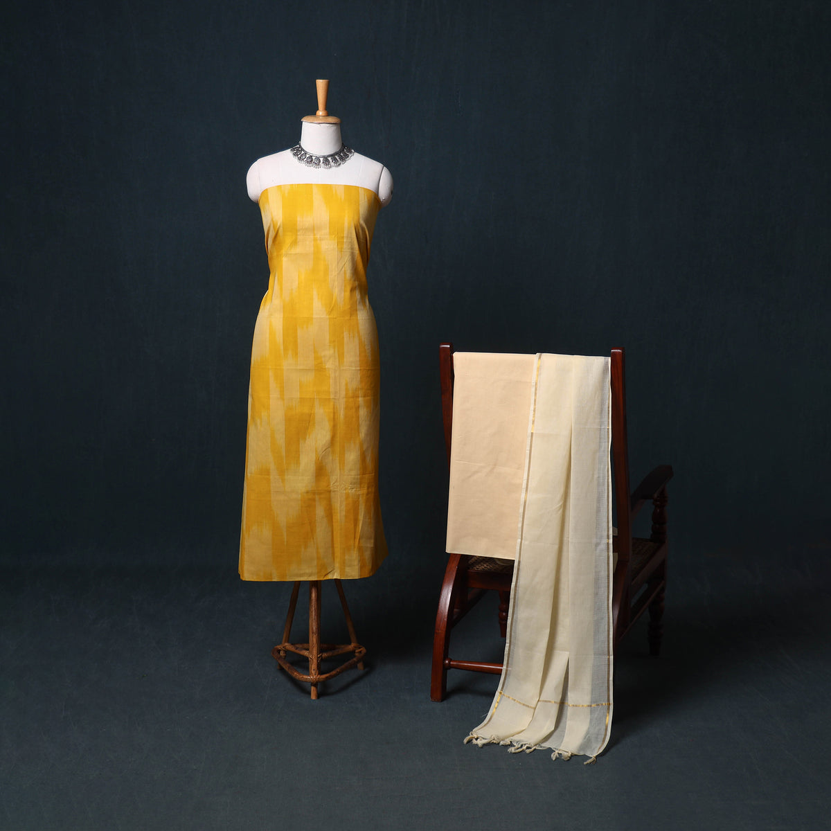 Pochampally Ikat Cotton Unstitched Dress Material: Kurta, Bottom with Dupatta  26