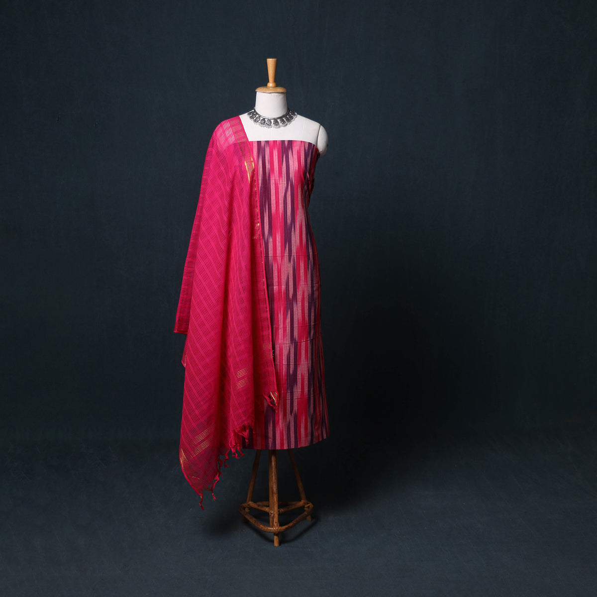 Pochampally Ikat Cotton Unstitched Dress Material: Kurta, Bottom with Dupatta  27