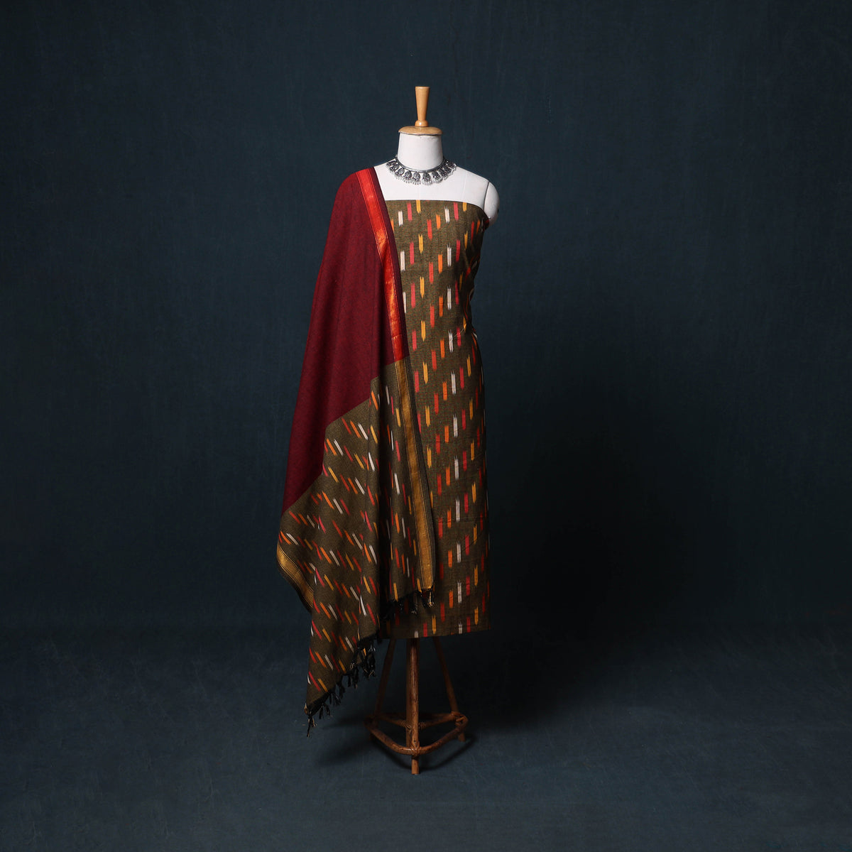 Pochampally Ikat Cotton Unstitched Dress Material: Kurta, Bottom with Dupatta  28