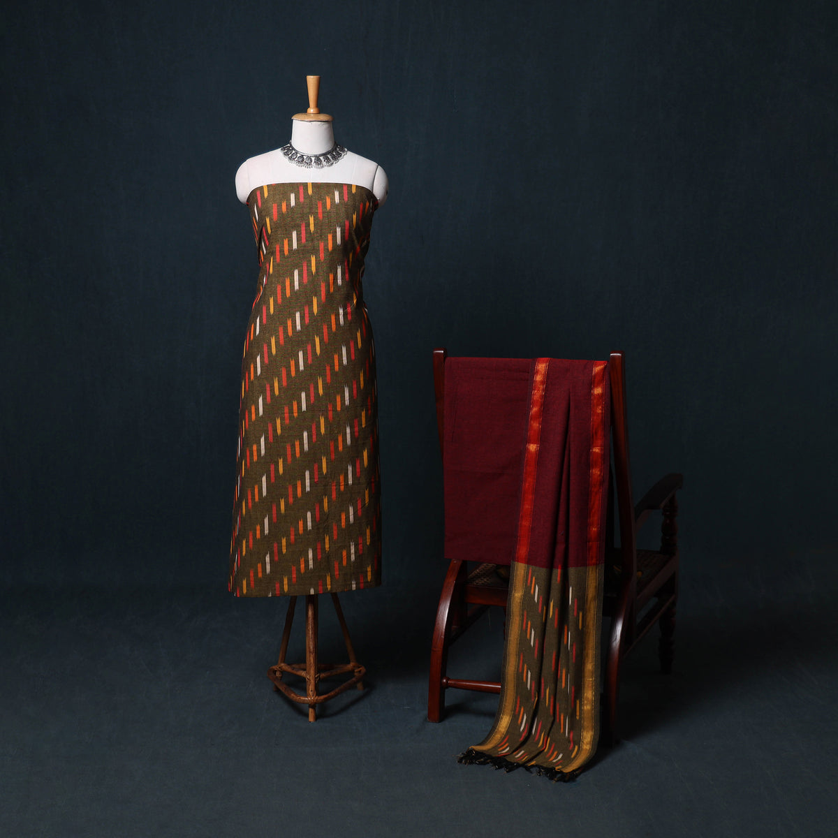 Pochampally Ikat Cotton Unstitched Dress Material: Kurta, Bottom with Dupatta  28