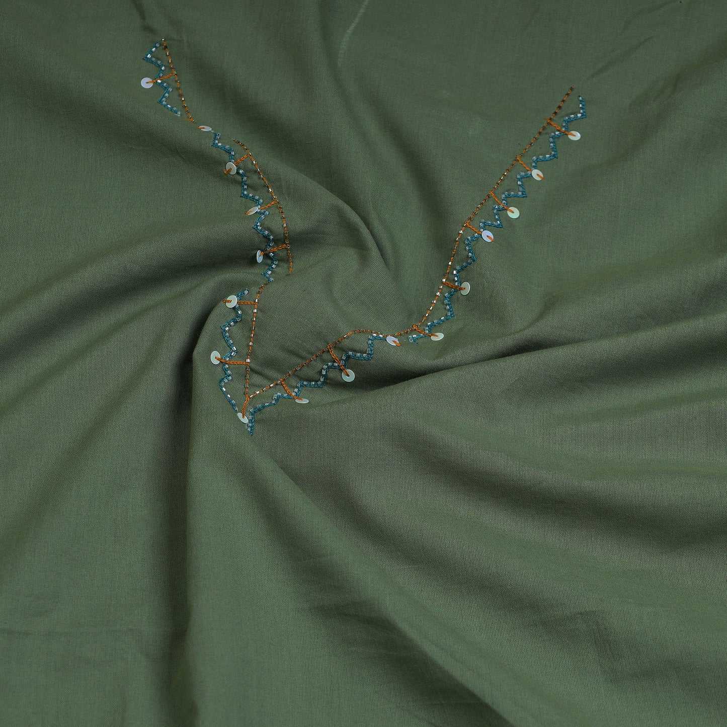 Green - Hand Embroidery Plain Cotton Kurti Material - 3 Meter