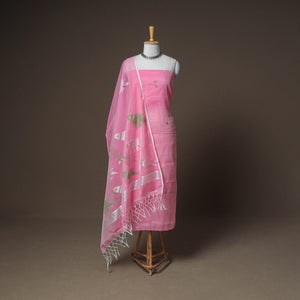 Pink - Jamdani Pure Handloom Muslin Unstitched Dress Material: Kurta with Dupatta 19