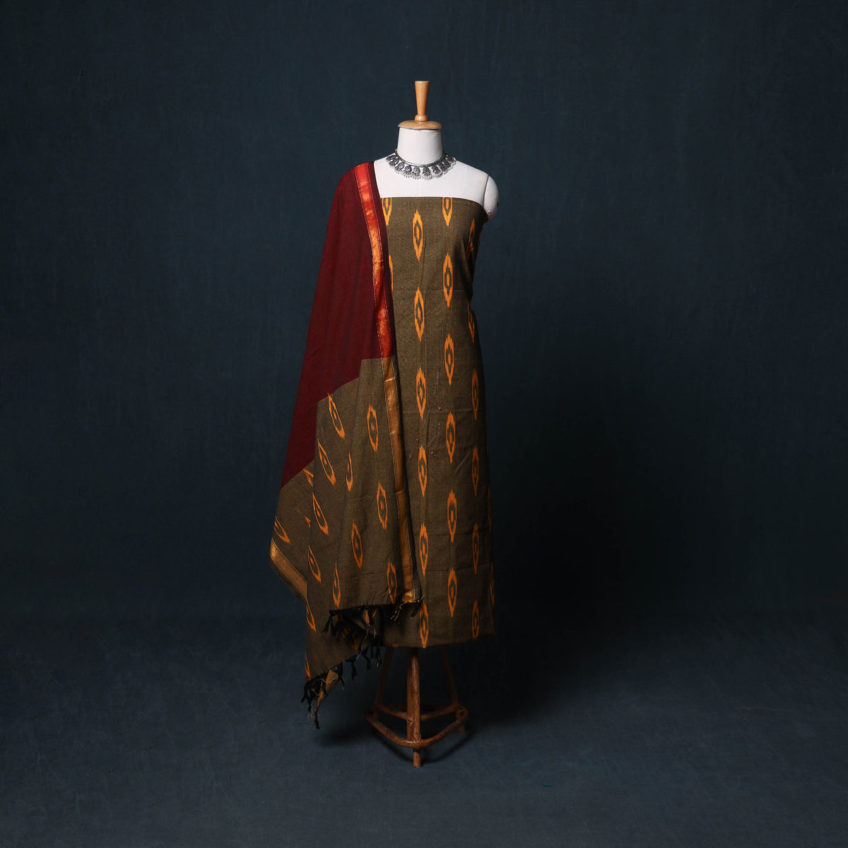 Pochampally Ikat Cotton Unstitched Dress Material: Kurta, Bottom with Dupatta  30