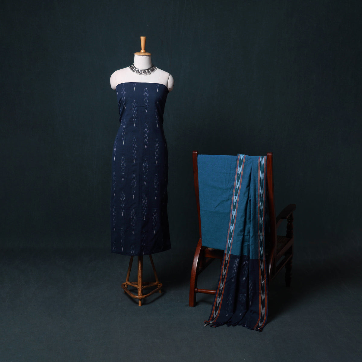 Pochampally Ikat Cotton Unstitched Dress Material: Kurta, Bottom with Dupatta  31
