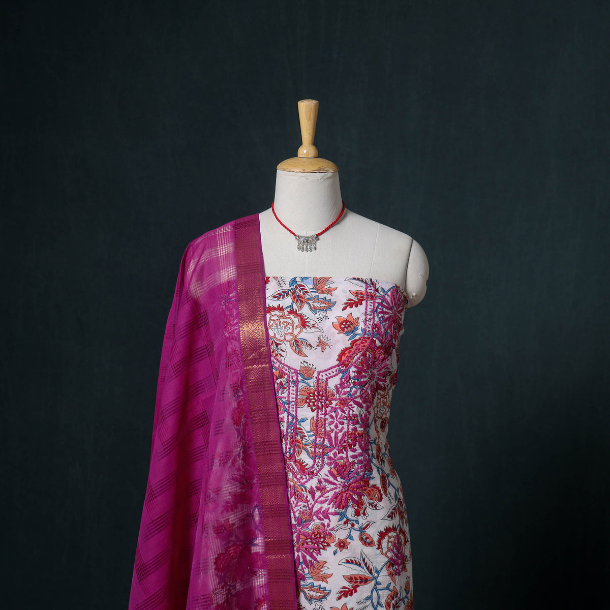 Lucknowi Chikankari Hand Work Unstitched Dress Material: Kurta & Dupatta with Jewellery 02