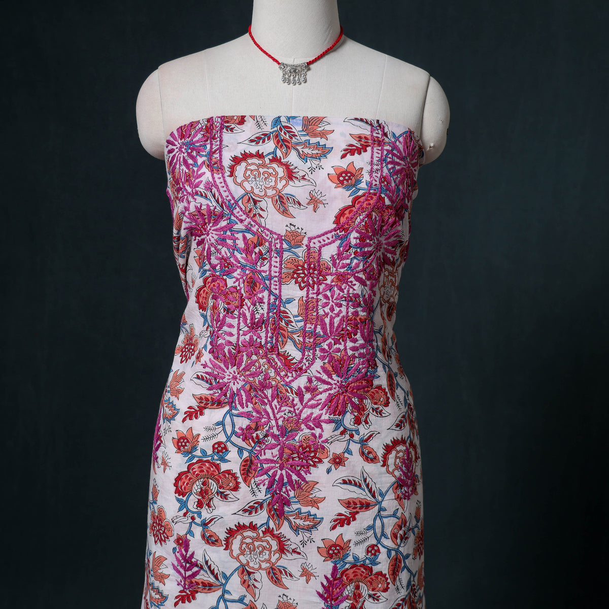 Lucknowi Chikankari Hand Work Unstitched Dress Material: Kurta & Dupatta with Jewellery 02