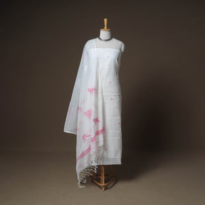 White - Jamdani Pure Handloom Muslin Unstitched Dress Material: Kurta with Dupatta 20