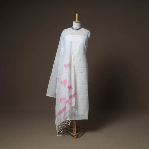 White - Jamdani Pure Handloom Muslin Unstitched Dress Material: Kurta with Dupatta 20