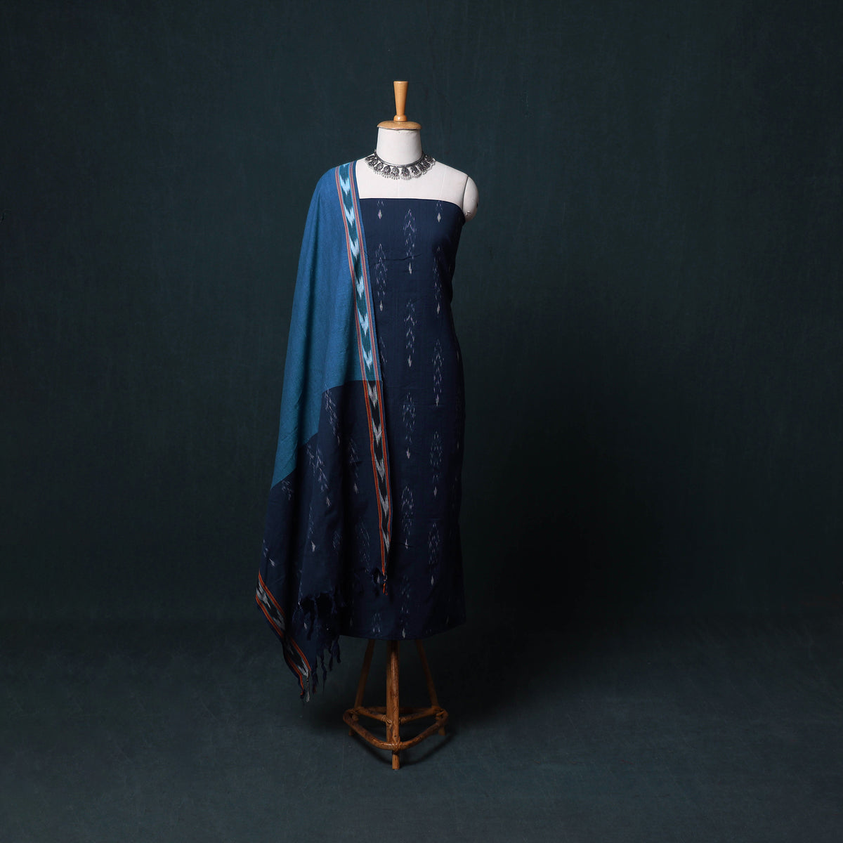 Pochampally Ikat Cotton Unstitched Dress Material: Kurta, Bottom with Dupatta  31