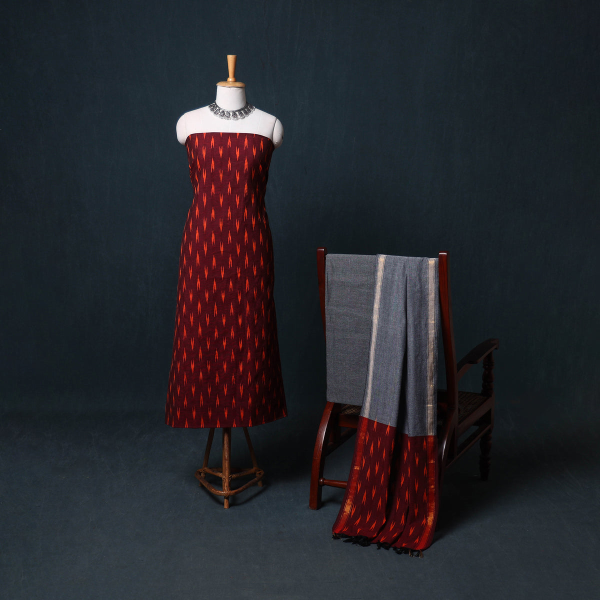 Pochampally Ikat Cotton Unstitched Dress Material: Kurta, Bottom with Dupatta  32