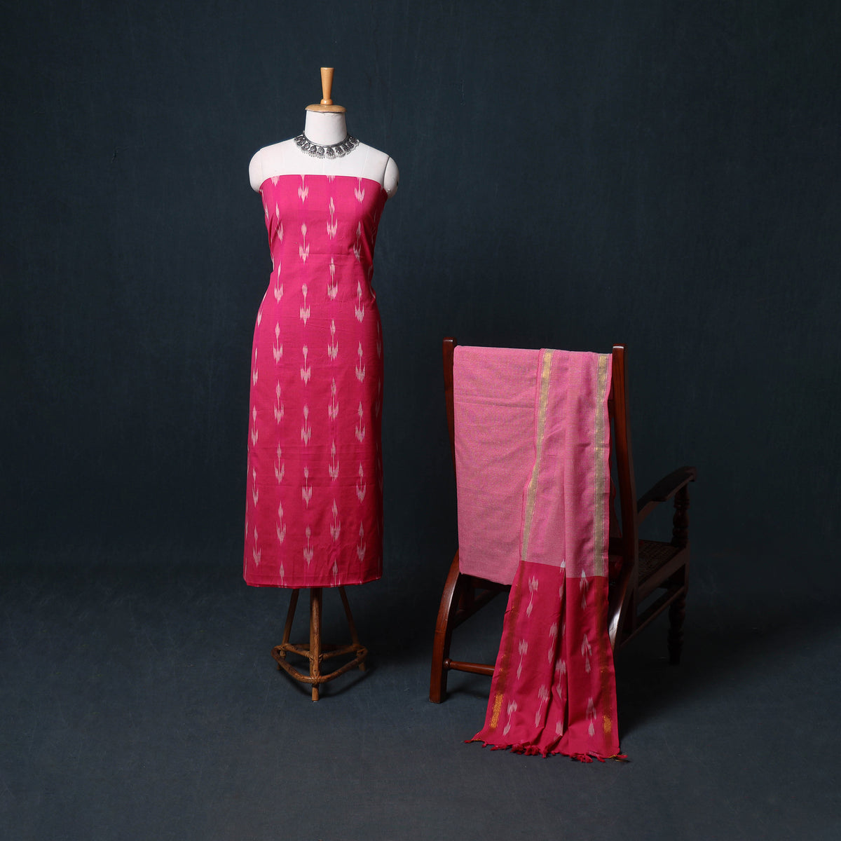 Pochampally Ikat Cotton Unstitched Dress Material: Kurta, Bottom with Dupatta  33
