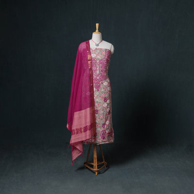 Lucknowi Chikankari Hand Work Unstitched Dress Material: Kurta & Dupatta with Jewellery 03
