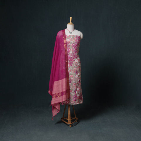 Lucknowi Chikankari Hand Work Unstitched Dress Material: Kurta & Dupatta with Jewellery 03