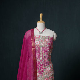 Lucknowi Chikankari Hand Work Unstitched Dress Material: Kurta & Dupatta with Jewellery 03