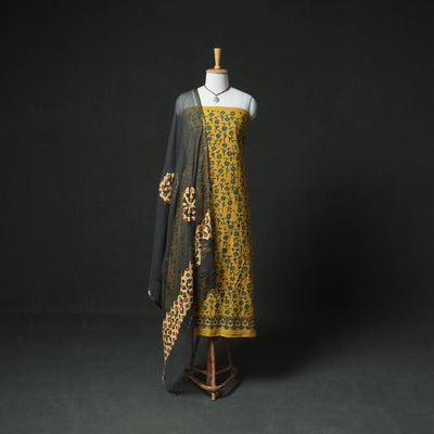 Ajrakh Block Print Natural Dyed Cotton Unstitched Dress Material: Kurta & Dupatta with Jewellery 01