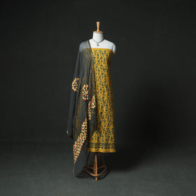 Ajrakh Block Print Natural Dyed Cotton Unstitched Dress Material: Kurta & Dupatta with Jewellery 01