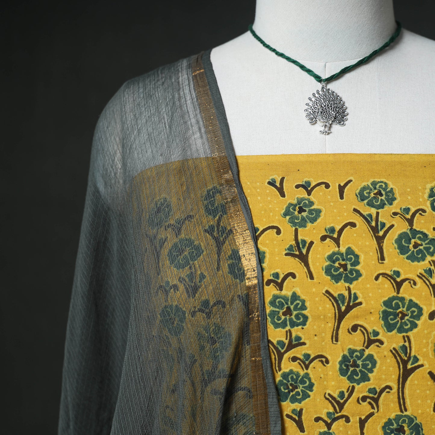 Ajrakh Block Print Natural Dyed Cotton Unstitched Dress Material: Kurta & Dupatta with Jewellery 01