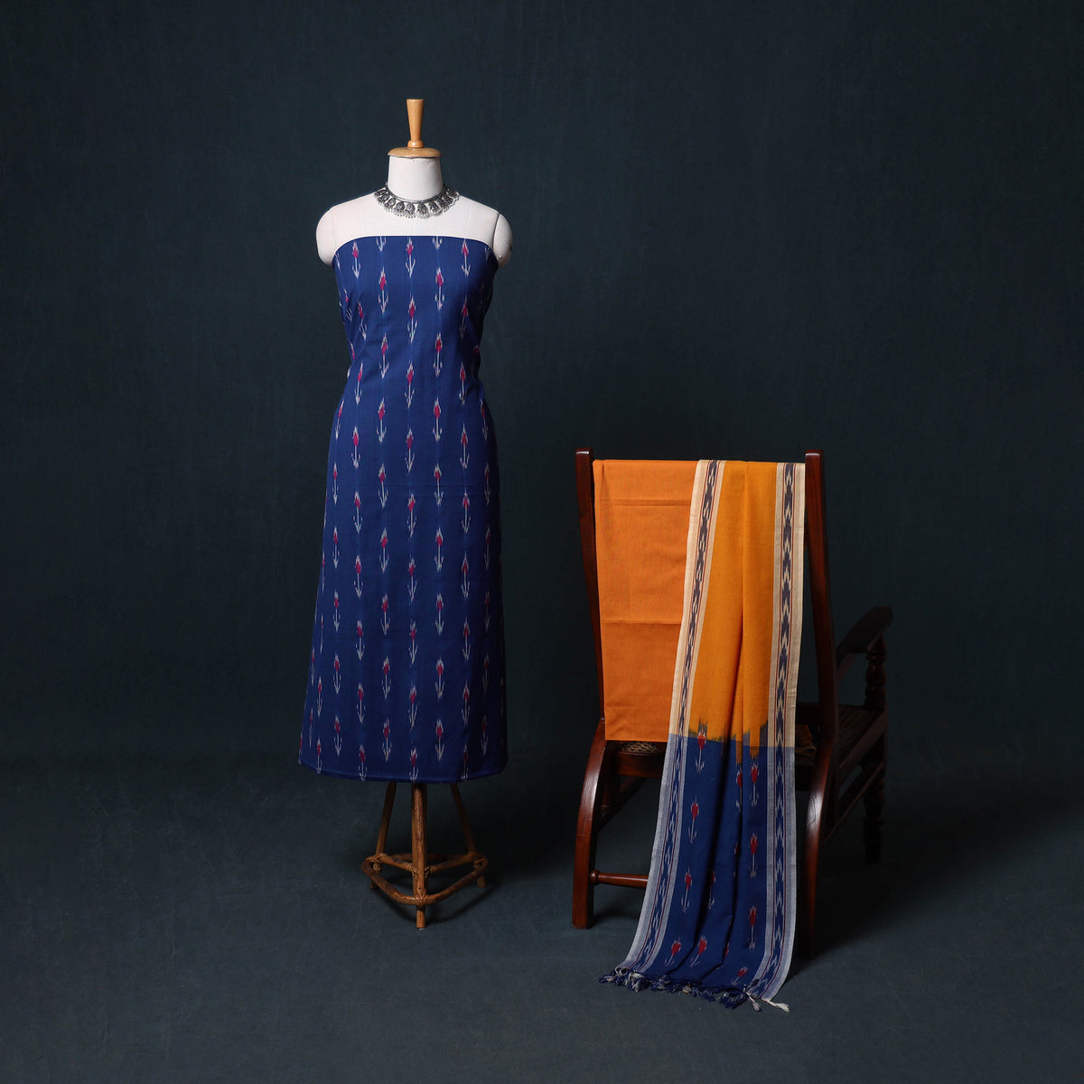 Pochampally Ikat Cotton Unstitched Dress Material: Kurta, Bottom with Dupatta  35