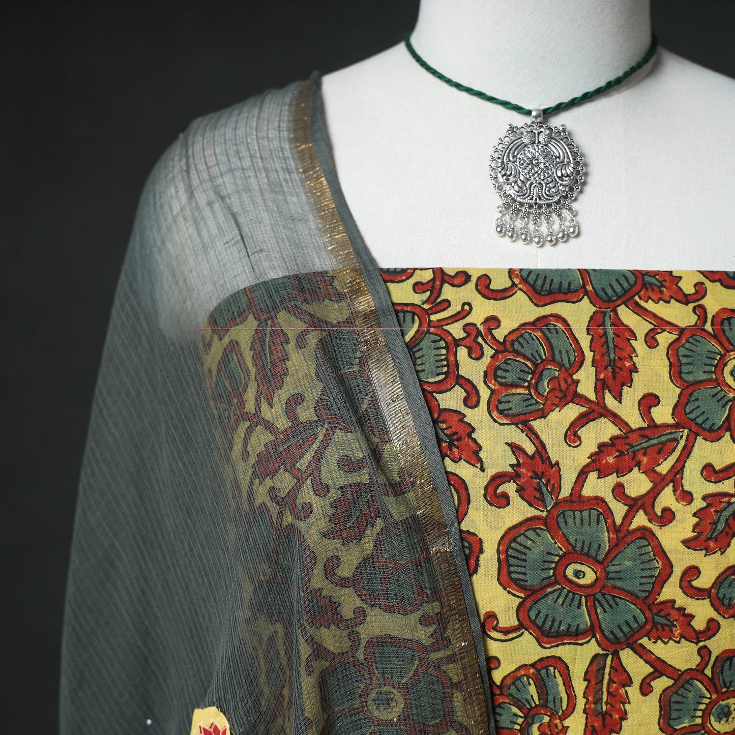 Ajrakh Block Print Natural Dyed Cotton Unstitched Dress Material: Kurta & Dupatta with Jewellery 02