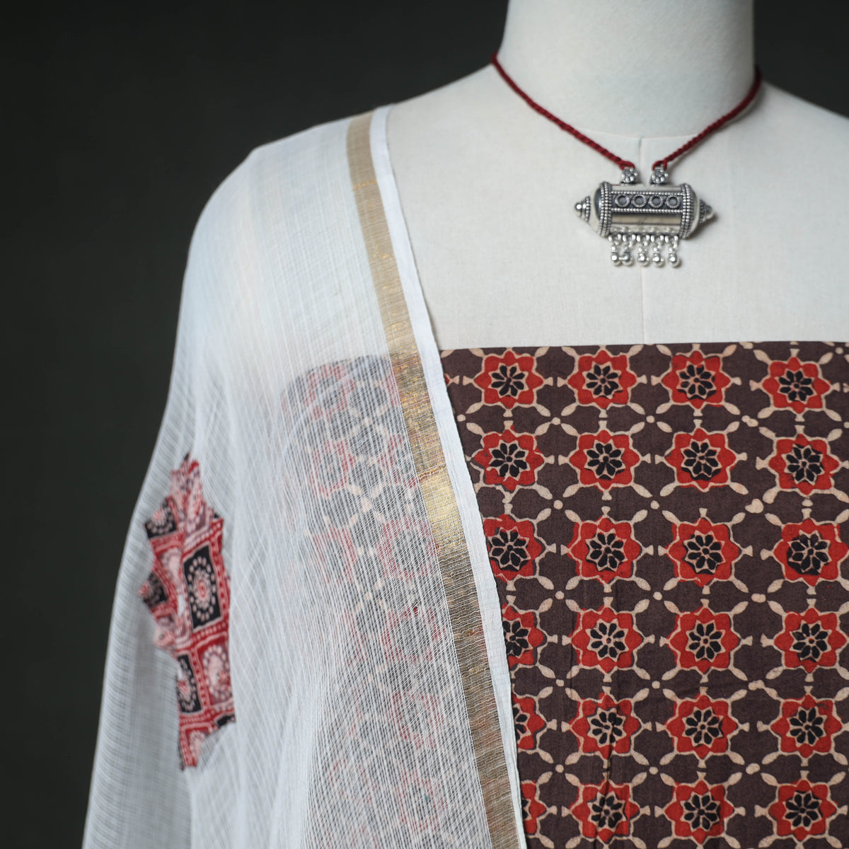 Ajrakh Block Print Natural Dyed Cotton Unstitched Dress Material: Kurta & Dupatta with Jewellery 03