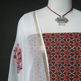 Ajrakh Block Print Natural Dyed Cotton Unstitched Dress Material: Kurta & Dupatta with Jewellery 03