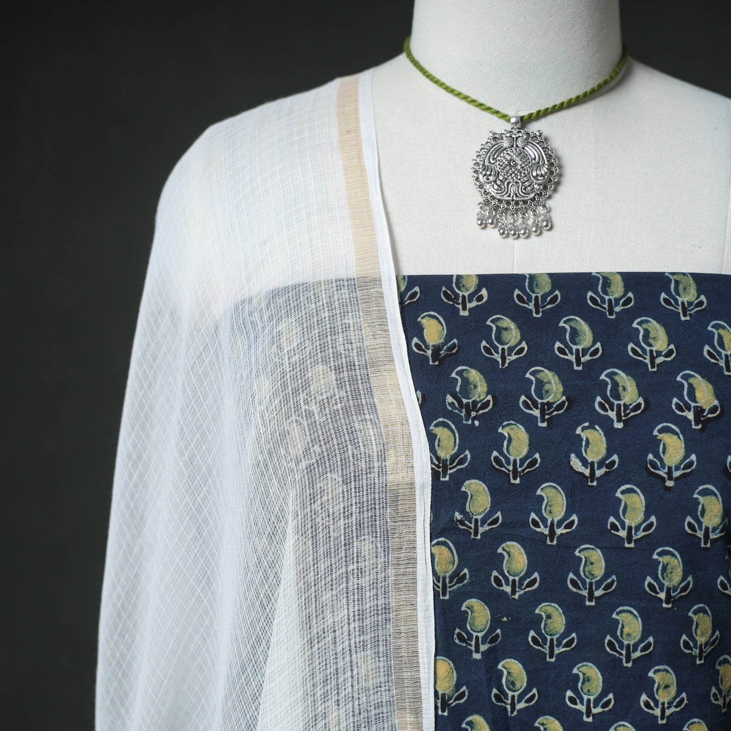 Ajrakh Block Print Natural Dyed Cotton Unstitched Dress Material: Kurta & Dupatta with Jewellery 04