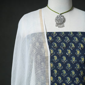Ajrakh Block Print Natural Dyed Cotton Unstitched Dress Material: Kurta & Dupatta with Jewellery 04