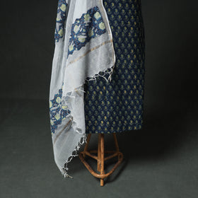 Ajrakh Block Print Natural Dyed Cotton Unstitched Dress Material: Kurta & Dupatta with Jewellery 04