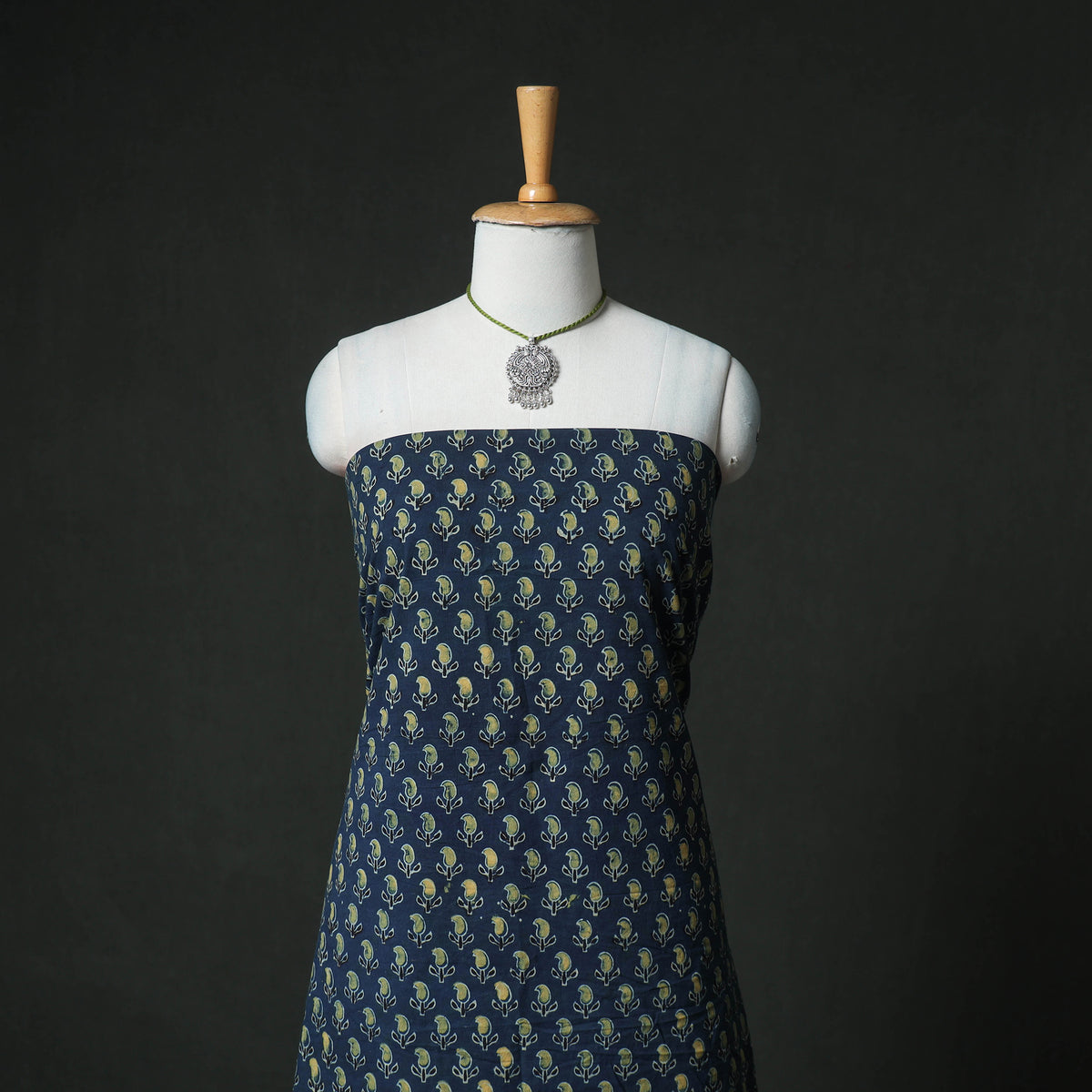 Ajrakh Block Print Natural Dyed Cotton Unstitched Dress Material: Kurta & Dupatta with Jewellery 04